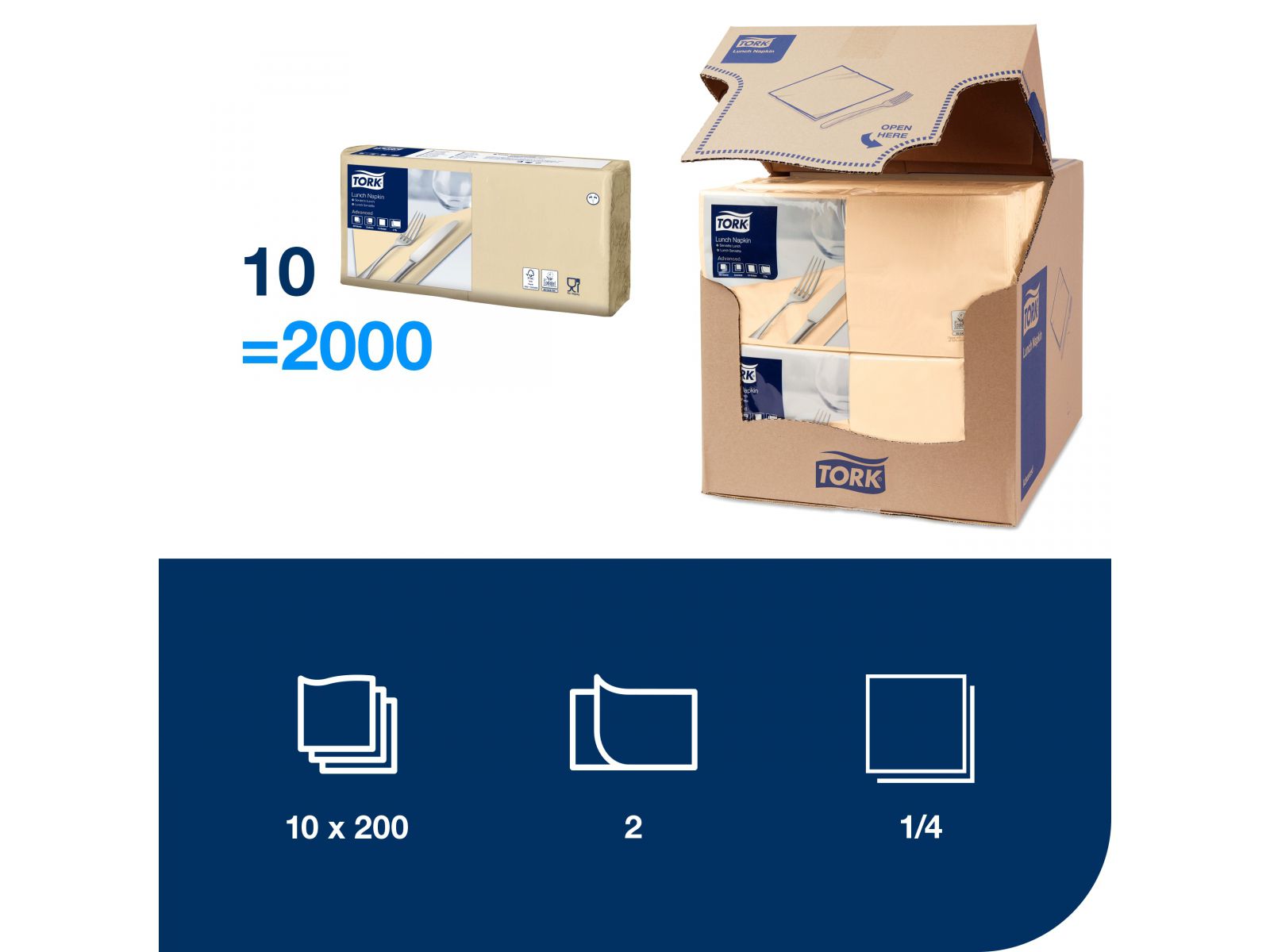Serwetki Tork 33x33 477206 Piaskowe Karton 2000 serwetek (10 x 200) Składana 1/4